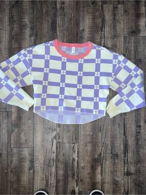 Anthropologie Daily Practice Lavender Plaid Cropped Knit Top with Coral Trim